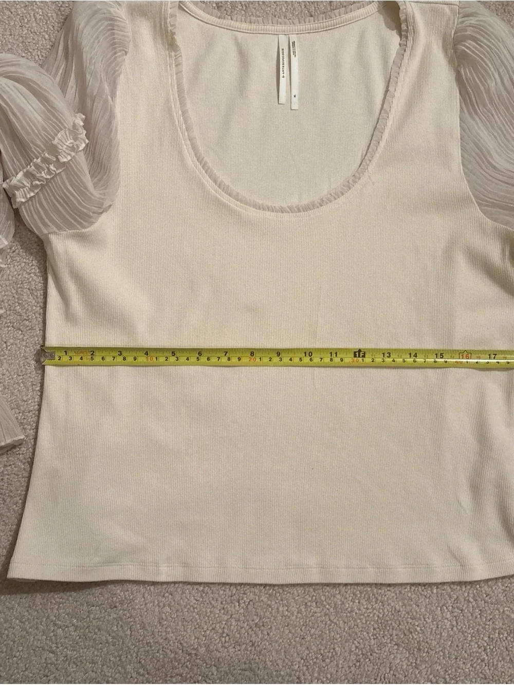 Anthropologie Cream Sheer-Puff Long-Sleeve Scoop Top
